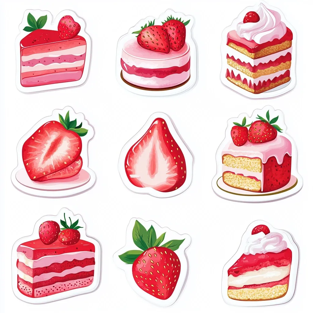 Nine colorful stickers featuring strawberry-themed desserts and strawberries.  The images include strawberry cakes, both layered and single-layer,  a strawberry shortcake, and various depictions of whole and halved strawberries.  The stickers are rendered in a vibrant, cartoonish style, perfect for scrapbooking or decorating.