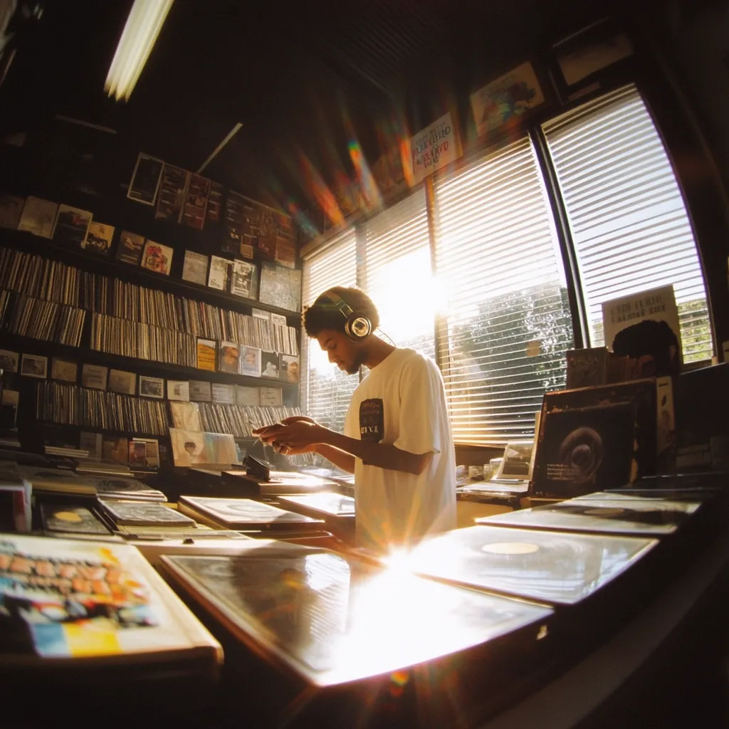 A young man with headphones browses a vast collection of vinyl records in a dimly lit record store. Sunlight streams through the window, illuminating dust motes in the air.  He carefully examines a record, bathed in golden light, creating a nostalgic and atmospheric scene.  Surrounding him are stacks of albums, showcasing a wide variety of musical genres. The image evokes a sense of musical exploration and discovery.