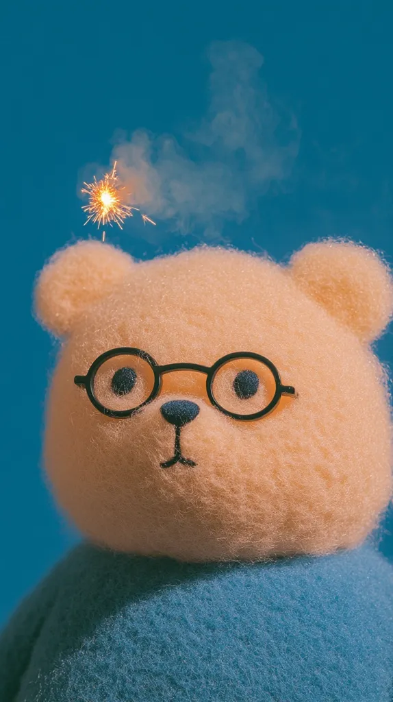 A fluffy, light peach-colored teddy bear, wearing round black glasses, is the focus.  Above the bear, a small sparkler burns brightly, leaving a trail of smoke against a vibrant teal backdrop. The bear's expression is serene, and it's dressed in a soft teal sweater. The overall image is whimsical and charming.