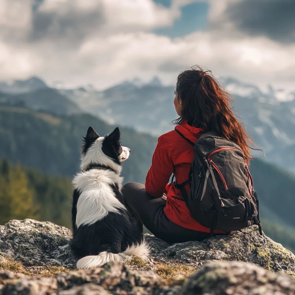 A woman sits on a rocky mountaintop, her back to the camera, gazing at a breathtaking panoramic view.  Beside her sits a black and white border collie, equally captivated by the scenery.  The woman wears a red jacket and a backpack, suggesting a hiking trip.  The majestic mountains and cloudy sky create a serene and peaceful atmosphere.
