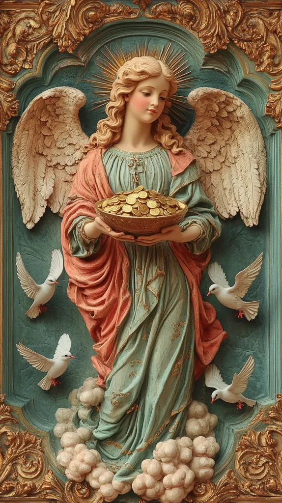 A detailed relief sculpture depicts an angel, wings outstretched, holding a bowl overflowing with gold coins.  The angel, with flowing blonde hair and a serene expression, is dressed in flowing robes of peach and teal.  Surrounding the angel are stylized clouds and four white doves, adding to the celestial scene.  The ornate gold frame enhances the piece's religious and artistic impact.