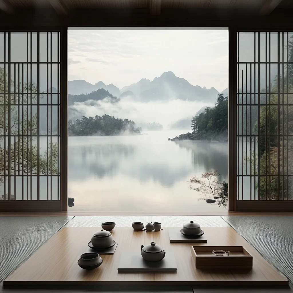 A serene Japanese-style room features large sliding doors opening to a misty lake and mountain vista.  A low wooden table sits in the center, holding a tea set: dark ceramic teapots and cups arranged with minimalist elegance.  The scene evokes tranquility and a connection with nature.  Soft light and muted colors contribute to the peaceful atmosphere.