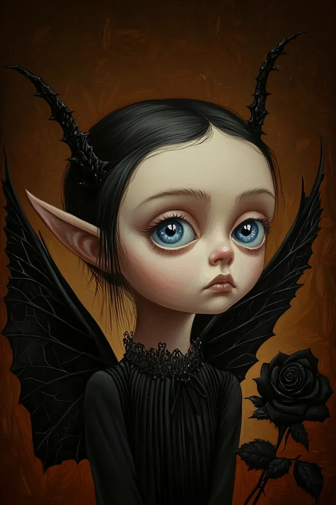 A dark-haired girl with elf-like ears and black, insect-like wings is depicted in a painting.  She wears a black dress with lace trim and has large, expressive blue eyes.  A single black rose is held in her hand. The overall style is gothic and whimsical, with a focus on detailed rendering and a melancholic mood. The background is a rich, dark brown.