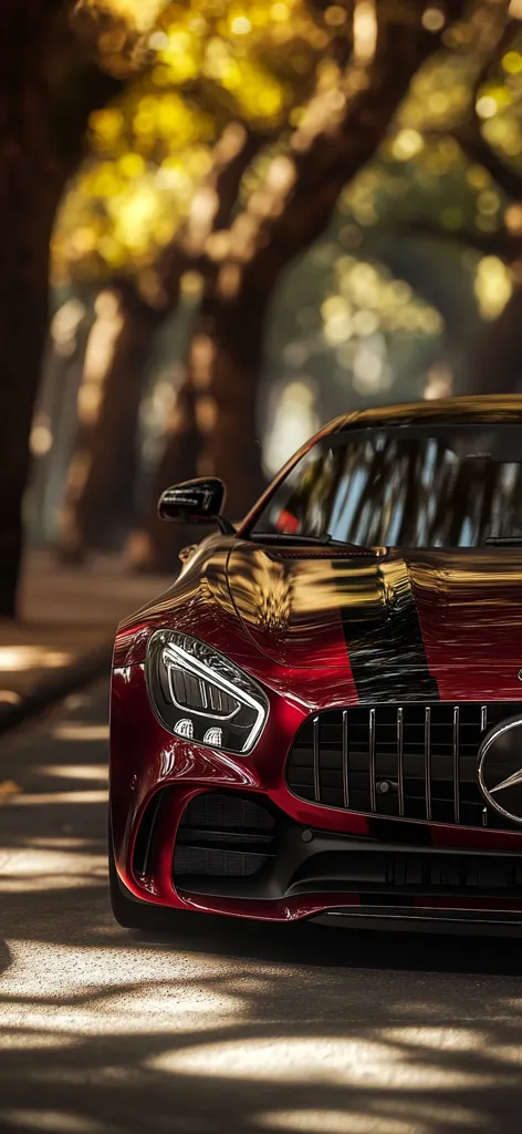 A striking red Mercedes-AMG GT sports car is captured in this close-up shot.  The vehicle is parked on a road shaded by trees, with dappled sunlight illuminating its glossy paintwork.  A black racing stripe accentuates the car's sleek design. The focus is on the front of the car, highlighting its powerful and sophisticated features. The background is blurred, creating a dramatic contrast that emphasizes the car's presence.