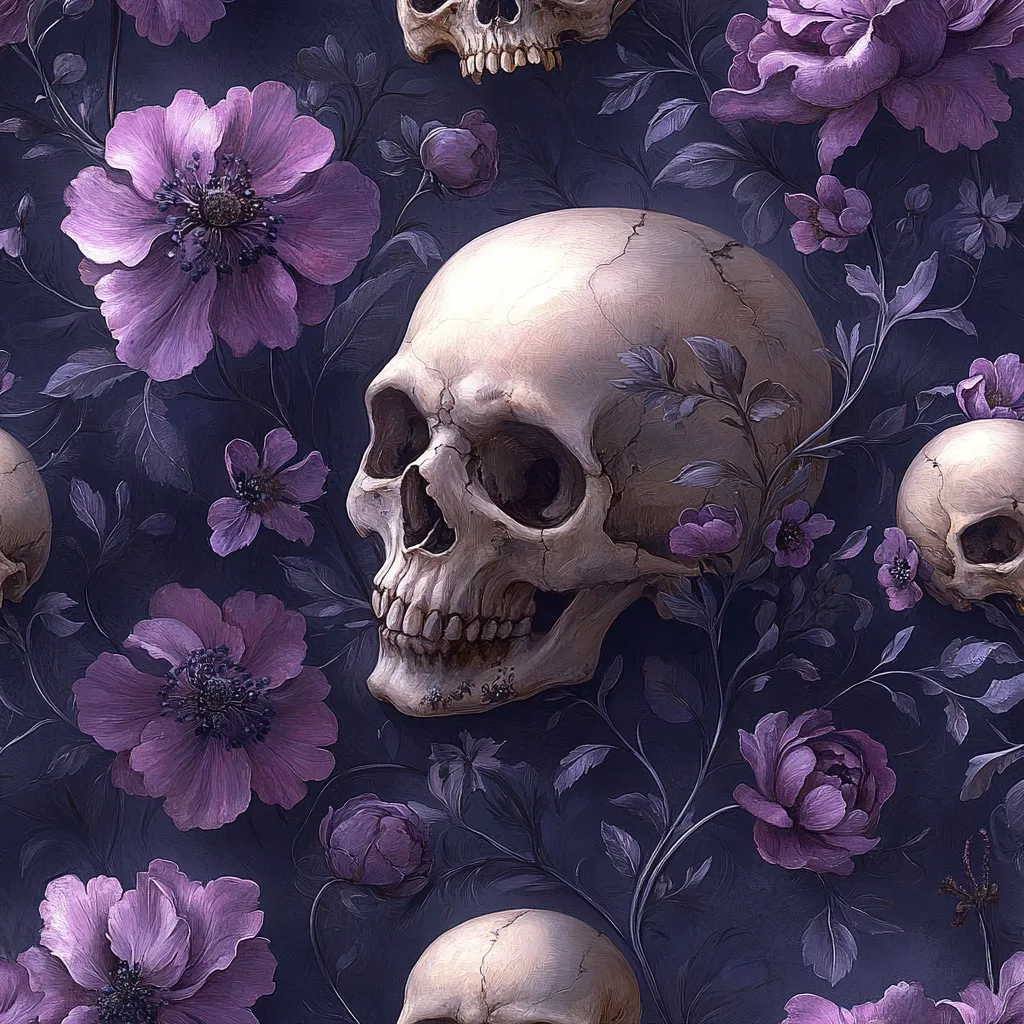 A dark, moody seamless pattern features intricately rendered human skulls nestled amongst lush purple flowers and foliage.  The skulls are realistically detailed, contrasting with the soft, painterly style of the blossoms.  The overall effect is gothic and romantic, blending macabre imagery with delicate floral artistry.  A deep purplish-blue background enhances the dramatic tone.