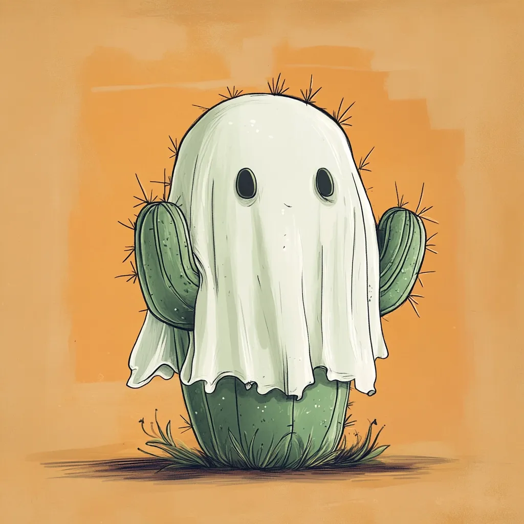 A charming illustration depicts a cactus playfully dressed as a ghost.  The cactus, with its prickly arms outstretched, is enveloped in a white sheet, creating a cute and spooky effect.  Simple, black dot eyes add to the ghost's friendly demeanor, set against a warm orange backdrop. The overall style is cartoonish and whimsical, perfect for Halloween or a lighthearted autumnal theme.