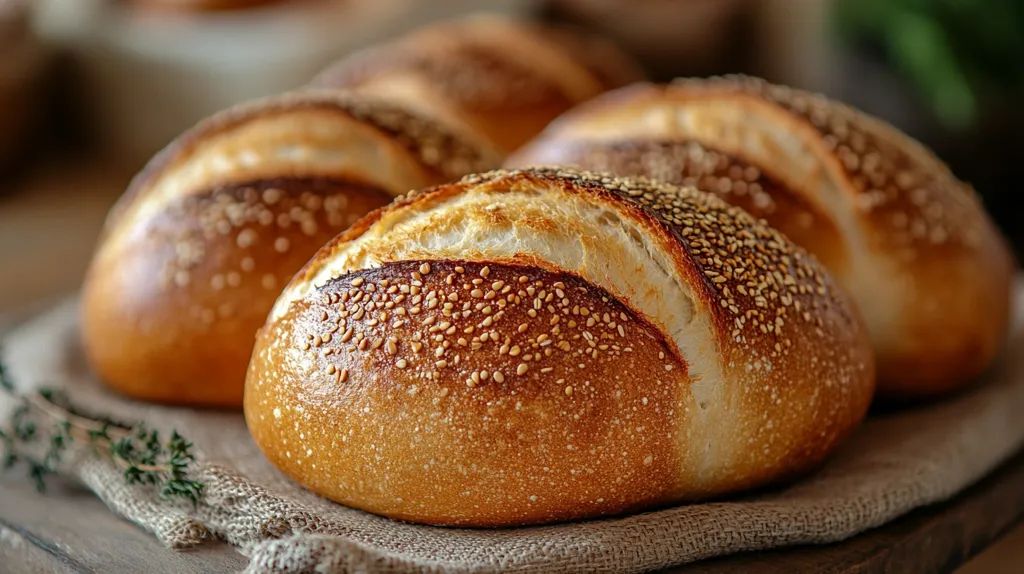 Three loaves of crusty, artisan bread, sprinkled with sesame seeds, rest on a burlap cloth.  The golden-brown loaves have a rustic, artisanal appearance, showcasing a slightly irregular shape and texture. The shallow depth of field focuses on the bread, blurring the background.  The warm lighting enhances the bread's appealing color and texture.