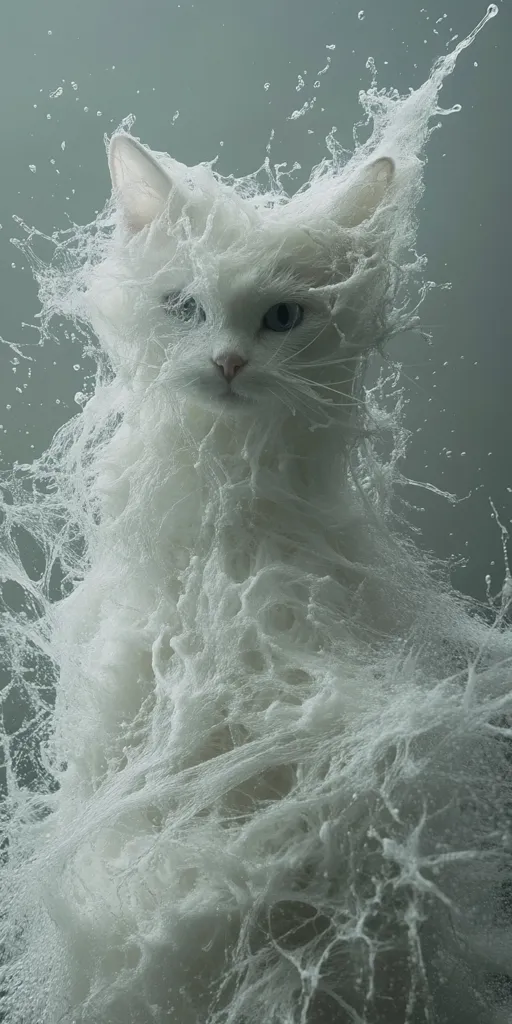 A white kitten sits serenely amidst a dramatic splash of liquid, appearing to be suspended in a web-like formation of water or a similar substance.  The image is artistic, the kitten's fur blending with the ethereal, textured fluid.  The overall effect is surreal and captivating, creating a whimsical yet slightly mysterious atmosphere.