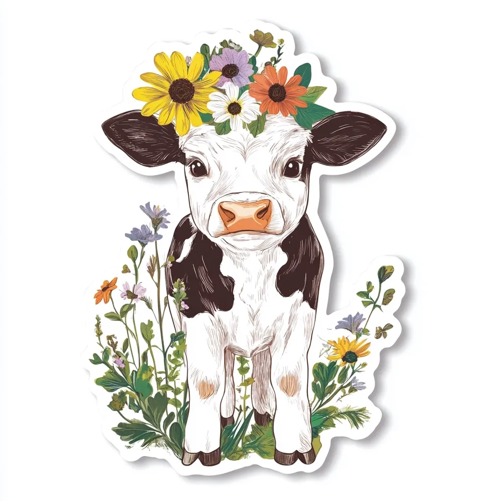 An adorable illustration of a calf, adorned with a vibrant floral crown, stands amidst a lush patch of wildflowers.  The calf's black and white markings are detailed, and its gentle expression is captivating.  The sticker-style image features a white background, enhancing the colorful floral arrangement and the charming calf at its center. The overall style is whimsical and appealing.