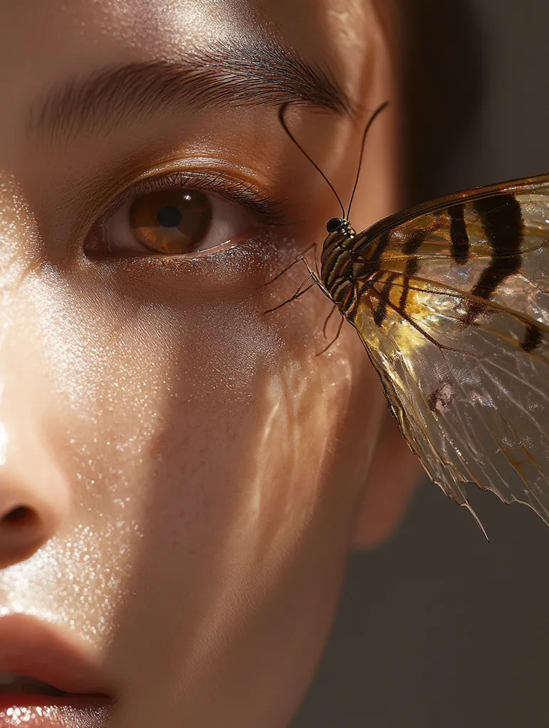 A close-up shot reveals a person's eye and cheek, delicately touched by a butterfly's wing.  Sunlight glints off the skin, highlighting its smooth texture and subtle glow. The butterfly, with its translucent wings adorned with dark stripes, rests near the eye, creating a surreal and ethereal image.  The overall mood is one of serene beauty and delicate connection between nature and human form.