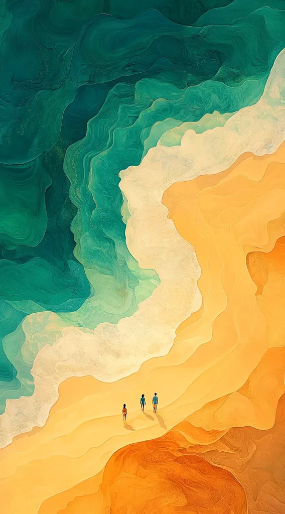 An aerial view depicts three figures walking along a beach.  The sand is a warm, golden hue, transitioning to creamy white near the turquoise and teal ocean.  The water and sand are rendered in stylized, flowing lines and abstract textures, creating a dreamy, almost painterly effect. The overall tone is serene and peaceful.