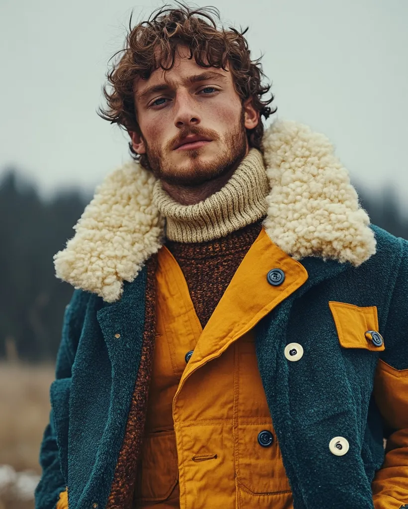 A young man with curly brown hair and a beard models a stylish winter jacket. The jacket is a teal-green color with a mustard-yellow inner lining and a fluffy white shearling collar. He wears a cream-colored turtleneck sweater underneath. The image has a muted color palette and a slightly moody atmosphere, suggesting a cold, outdoor setting. His expression is serious and contemplative.