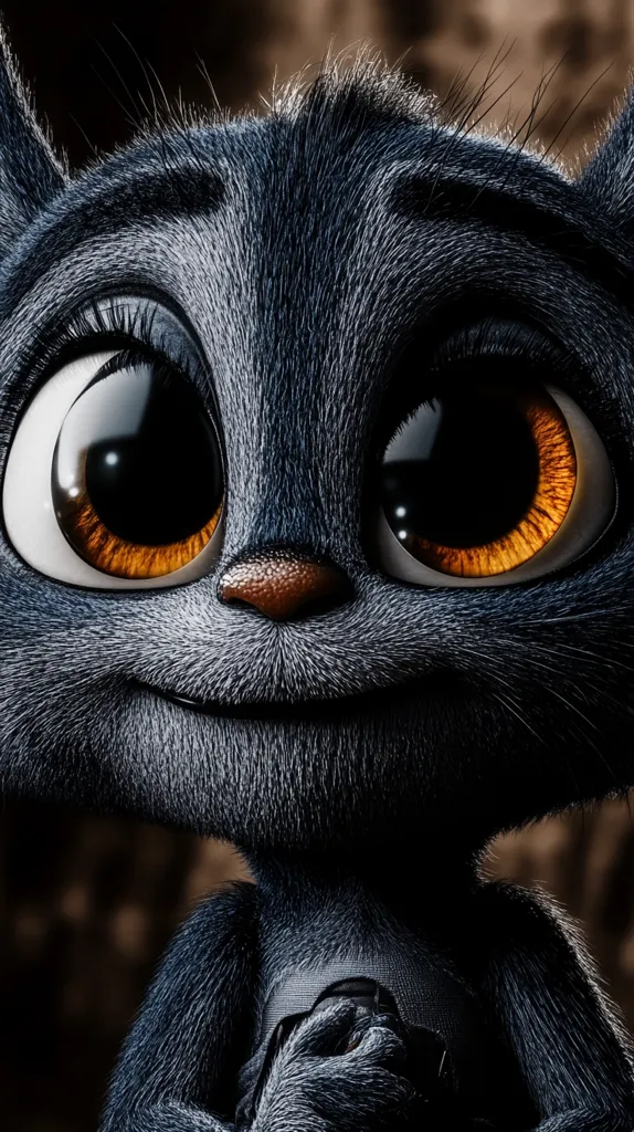 A close-up shot reveals a charming, animated creature.  Its dark gray fur is soft and detailed, contrasting with large, expressive eyes featuring striking orange irises.  The creature's adorable features include a small, upturned nose and a gentle smile. Its paws are clasped together, adding to its endearing demeanor. The background is blurred, focusing attention on the character's captivating gaze.