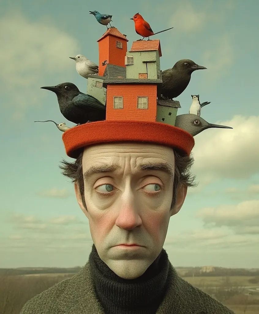 A surreal portrait of a man with an oversized orange hat.  Miniature houses are perched atop his head, each occupied by a variety of birds.  The scene is whimsical and slightly melancholic, with the man gazing pensively towards a distant landscape under a cloudy sky. The overall effect is one of quiet contemplation and imaginative world-building.