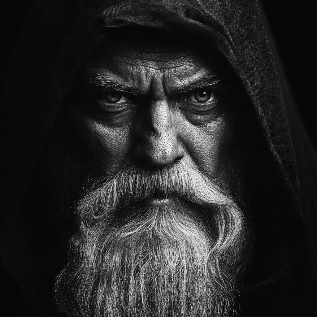 A black and white close-up portrait captures the intense gaze of an elderly man with a long, flowing white beard.  His face, etched with wrinkles and bearing a stern expression, is partially obscured by a dark hood. The stark contrast and dramatic lighting create a powerful, almost mystical image, suggesting wisdom, age, and perhaps a touch of severity.
