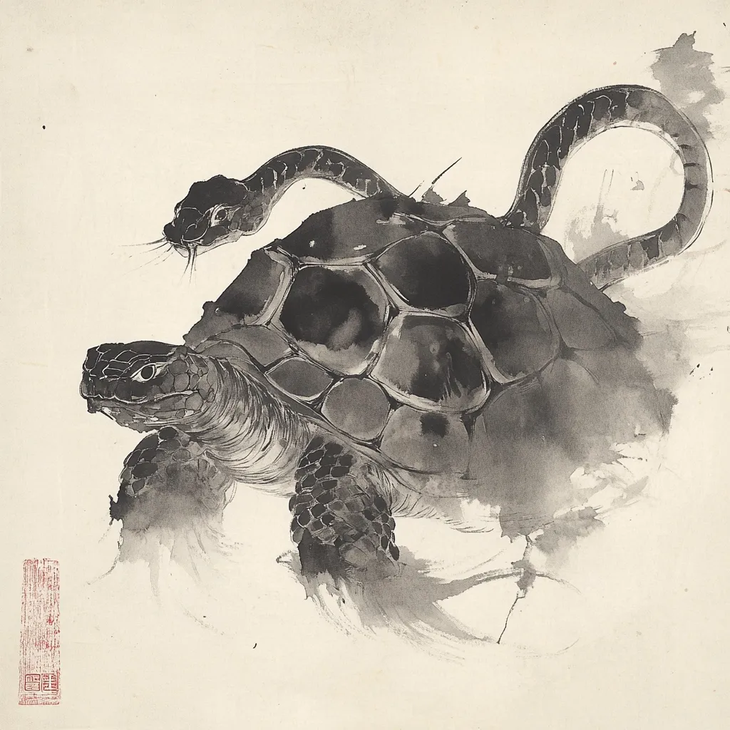 A monochrome ink wash painting depicts a large turtle, its shell detailed with textured shading.  A snake, elegantly coiled, rests atop the turtle's shell.  The style is reminiscent of traditional East Asian art, using expressive brushstrokes to capture the animals' forms and textures against a soft, off-white background.  The image conveys a sense of serene power and the intertwined nature of life.
