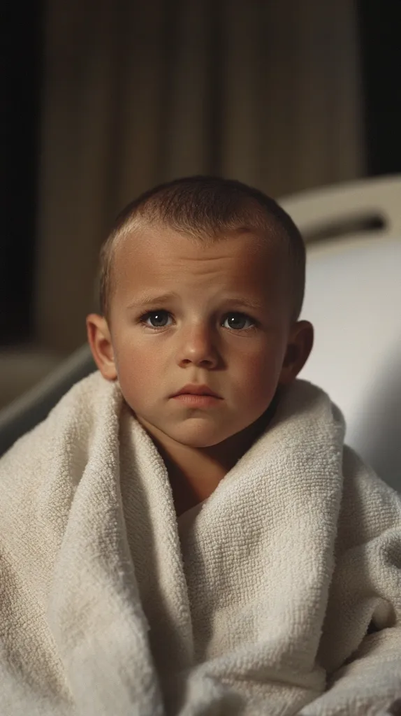A young boy with short, light brown hair sits wrapped in a large, off-white bathrobe.  His expression is serious and somewhat somber.  He appears to be indoors, possibly in a hospital room, judging by the blurred background.  The lighting is soft and muted, casting shadows on his face.  His gaze is directly at the camera.