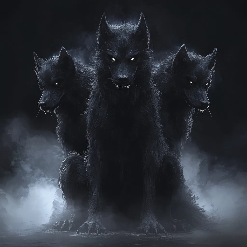 A digital artwork depicts a three-headed black wolf, its eyes glowing ominously. The creature sits in a dark, misty environment, its large, sharp teeth bared in a menacing snarl.  The wolves are rendered with dark fur and sharp details, creating a fierce and intimidating image. The overall mood is dark, mysterious, and slightly frightening.