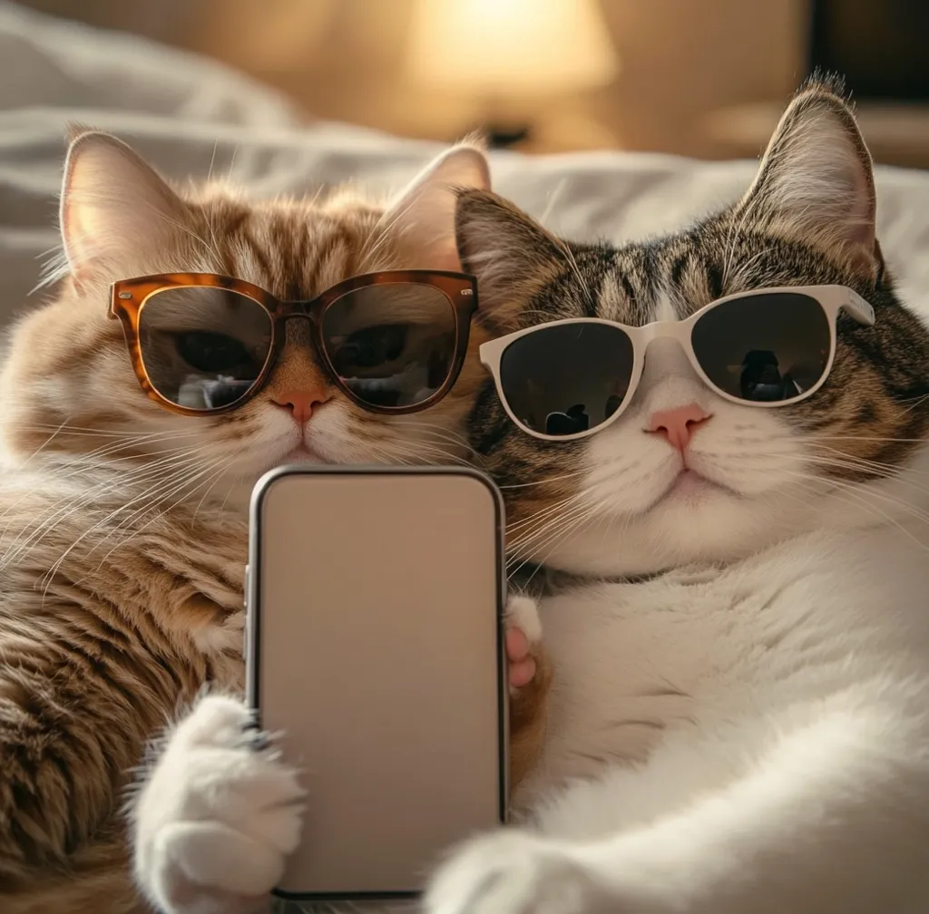 Two cats wearing sunglasses are snuggled together, holding a smartphone.  One cat is ginger, the other is a tabby. They appear relaxed and content, perhaps taking a selfie or browsing the internet. The warm lighting and soft bedding create a cozy atmosphere.  The image is humorous and adorable, highlighting the cats' playful personalities.