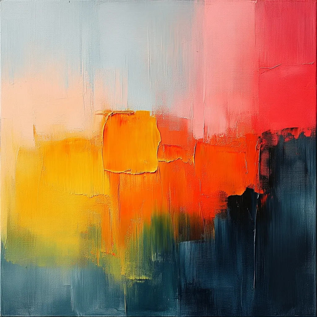 An abstract painting showcases a vibrant interplay of colors.  Warm hues of orange, yellow, and pink dominate the upper half, transitioning into cool, dark teal and black at the bottom.  Thick, textured brushstrokes create a sense of depth and movement, suggesting a landscape or perhaps a fiery sunset. The colors blend and contrast, creating a dynamic and visually engaging piece.