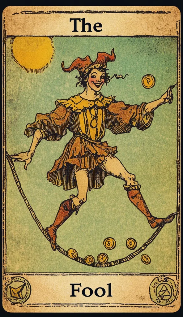 This image depicts "The Fool" tarot card.  A jester, joyfully smiling, walks a tightrope, scattering coins.  He's dressed in a colorful, medieval-style costume with bells and a pointed hat. The background is a muted green, with a bright yellow sun.  The card's aged aesthetic suggests a vintage or antique design.  The overall impression is one of carefree optimism and a leap into the unknown.