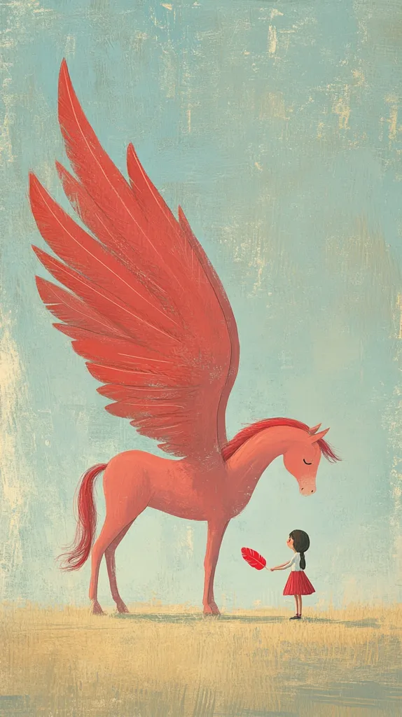 A whimsical illustration depicts a coral-colored pegasus, its large wings spread majestically. A small girl, dressed in a red skirt, stands before it, gently offering a single red feather. The background is a soft, textured blue, suggesting a dreamy, ethereal atmosphere. The style is reminiscent of children's book illustrations, with soft lines and muted colors. The overall mood is peaceful and enchanting.