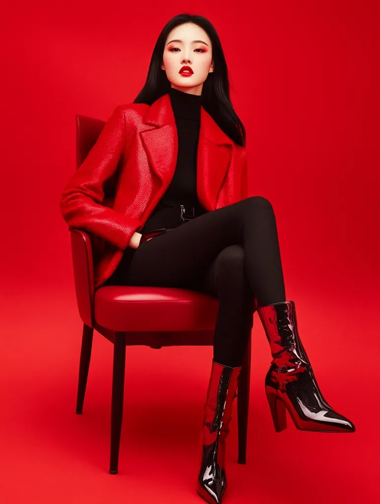 A stylish woman with long black hair sits in a red chair against a red background. She wears a red textured jacket, a black turtleneck, black tights, and shiny black ankle boots. Her makeup is bold with red lipstick. The overall image is monochromatic and striking, emphasizing the model's chic and confident pose.