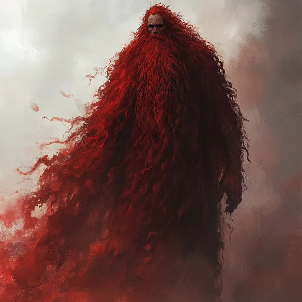 A digital painting depicts a colossal, humanoid figure enveloped in a vibrant crimson, flowing mane that resembles a thick, textured cloak.  The figure's face, partially visible beneath the fiery hair, reveals a stern expression.  The overall style is dark fantasy, with a hazy, atmospheric background emphasizing the imposing size and intense color of the central figure.  The image evokes a sense of mystery and power.