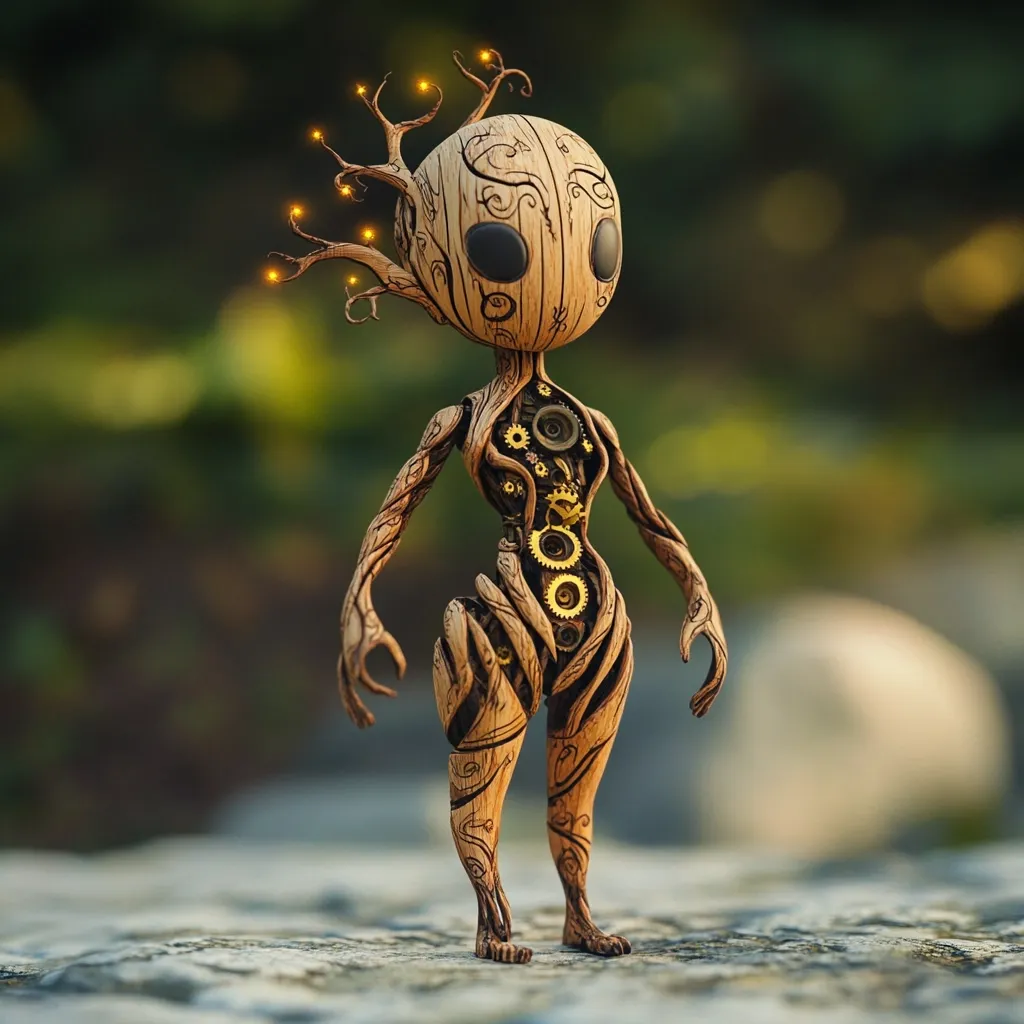 A whimsical, wooden humanoid figure stands on a rock.  Its body is intricately carved to resemble tree bark, with visible gears and clockwork mechanisms within.  Small glowing branches sprout from its head, adding a magical, fantastical element. The figure is detailed and appears to be crafted with precision, suggesting a blend of nature and technology.