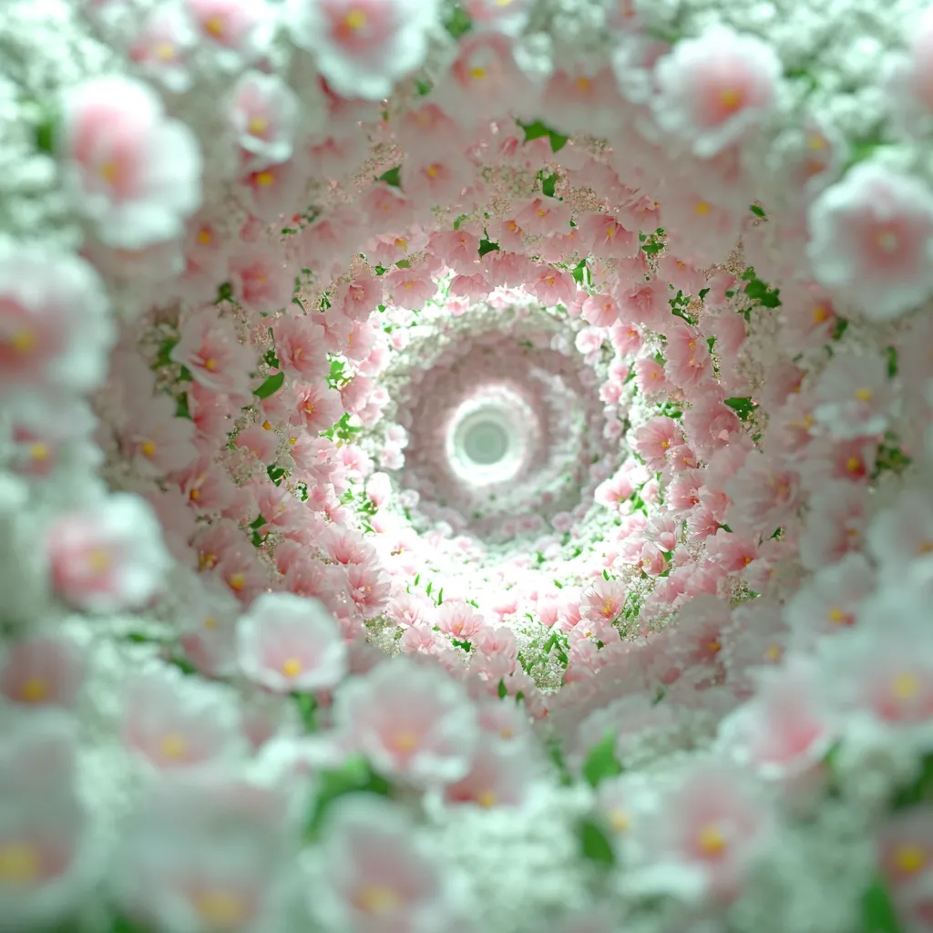 A mesmerizing tunnel of pink and white flowers creates a swirling vortex.  The blossoms, possibly artificial, are densely packed, forming a captivating spiral that draws the eye towards a bright center. The soft pastel colors and delicate petals evoke a feeling of dreamy beauty and romantic whimsy.  The image suggests a fantastical, immersive floral experience.