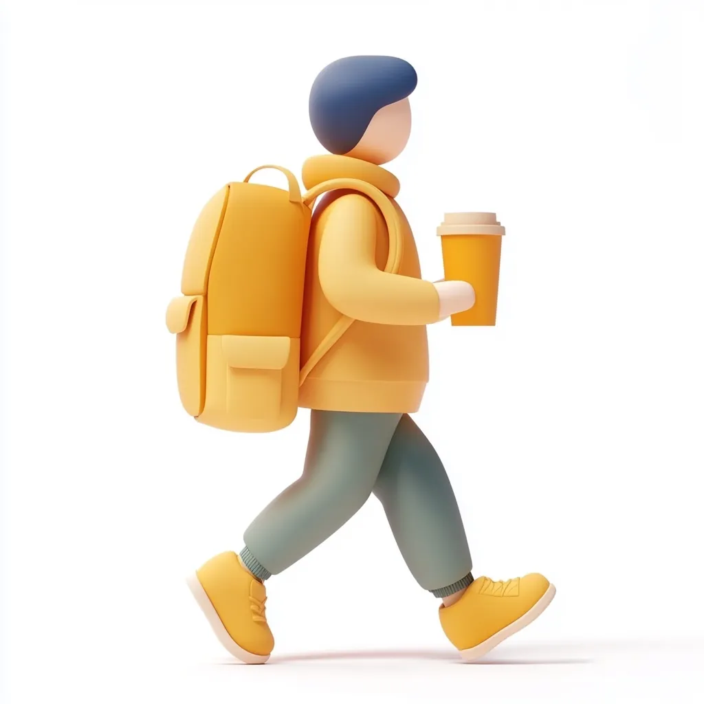 A 3D-rendered illustration shows a person walking.  They wear a yellow jacket and teal pants, carrying a yellow backpack and a to-go cup.  The style is minimalist and cartoonish, with rounded forms and muted colors. The person is walking from left to right, and their head is turned slightly away from the viewer. The background is plain white.