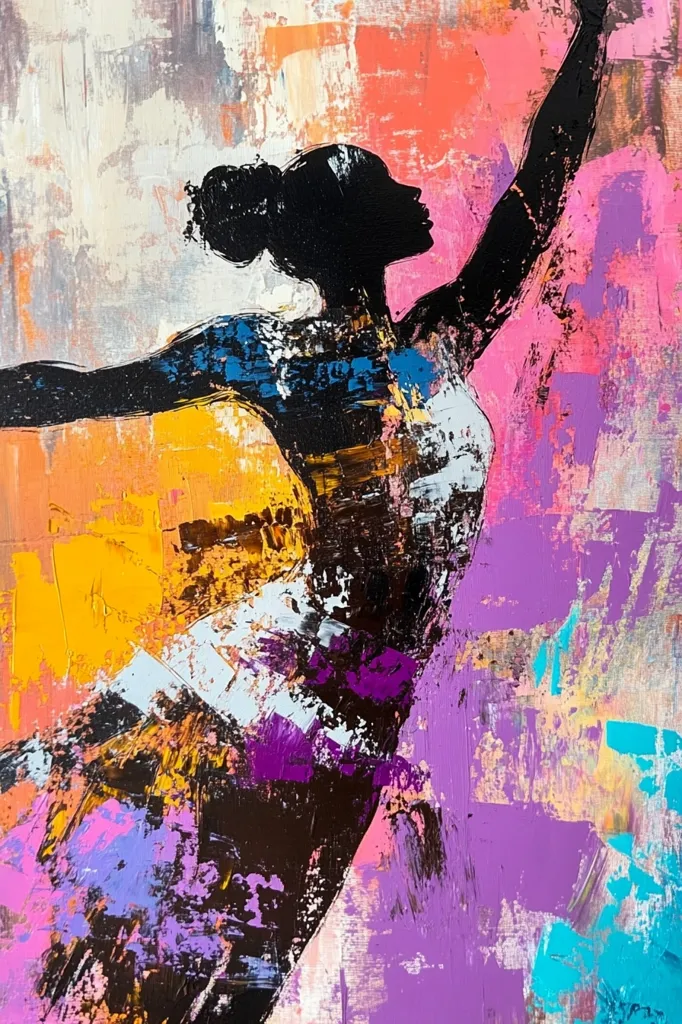 An abstract expressionist painting depicts a ballerina in motion.  The figure is rendered in dark silhouettes against a vibrant background of pink, purple, orange, and teal.  Bold brushstrokes create a sense of energy and fluidity, emphasizing the dancer's grace and dynamism.  The colors are richly textured, conveying a feeling of both power and elegance.