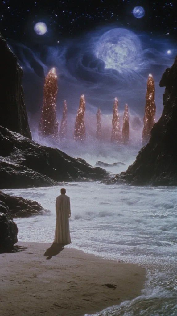A lone figure in a flowing white robe stands on a sandy beach, gazing towards a mystical landscape.  Towering, crystalline structures rise from a misty expanse of water under a night sky filled with a large, luminous moon and distant stars.  The scene is surreal and evokes a sense of otherworldly wonder.  Dark, rocky cliffs frame the beach and the mysterious, shimmering formations in the distance.
