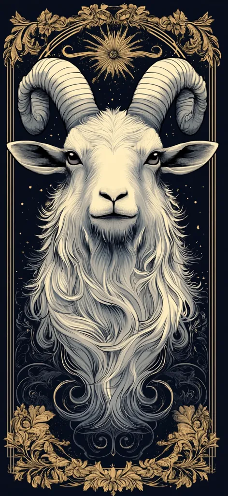 A detailed illustration of a ram's head, rendered in grayscale with intricate details in its fur and horns. The ram is centrally positioned against a dark background adorned with ornate golden flourishes and a celestial-inspired pattern. The overall style suggests a mystical or astrological theme, possibly representing the zodiac sign Aries. The image is framed by an elaborate golden border.