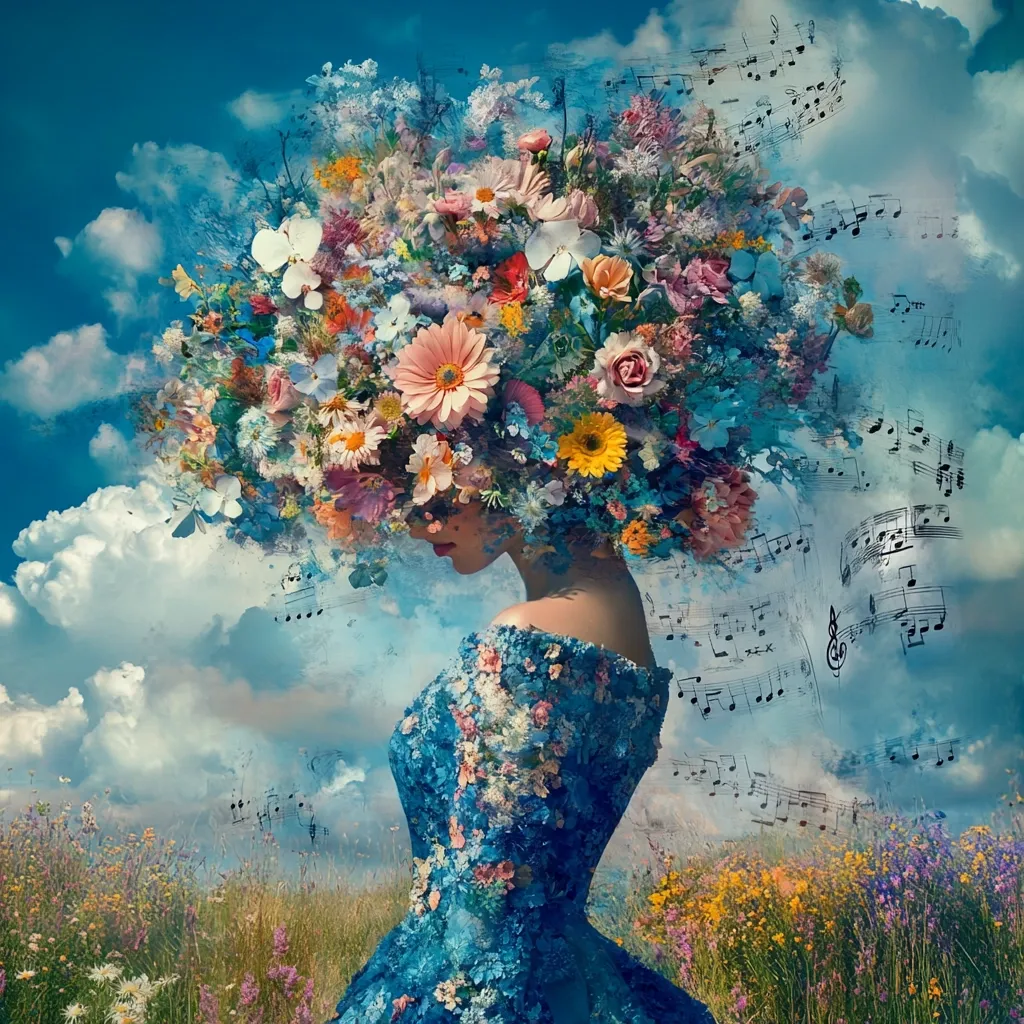 A woman in a blue floral dress stands in a field of wildflowers under a vibrant blue sky. Her head is adorned with a profusion of colorful blossoms, creating a whimsical headdress.  Floating musical notes surround her, blending the imagery of nature and music into a surreal and dreamlike scene. The overall mood is peaceful and evocative.