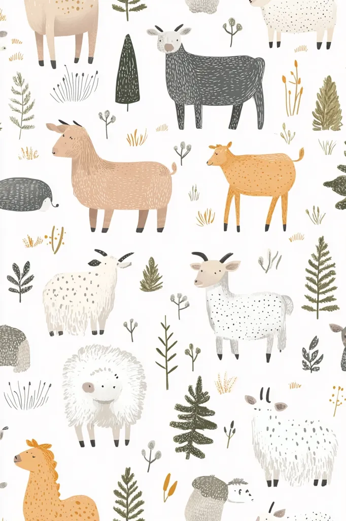 A charming seamless pattern features a variety of adorable farm animals against a white background.  Goats, sheep, a deer, and a horse are depicted in soft, muted colors.  Simple, stylized plants and trees complete the pastoral scene, creating a whimsical and inviting design perfect for children's products or home decor.  The overall style is cute and slightly rustic.