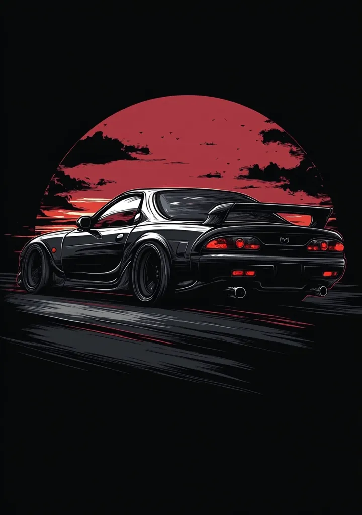 A stylized illustration showcases a black Mazda RX-7 speeding across a dark road.  The car is depicted from a rear three-quarter perspective, emphasizing its sleek lines and spoiler.  The backdrop features a large, crimson sun setting behind a dramatic, dark sky, enhancing the overall moody and dynamic aesthetic.  The artwork employs bold outlines and shading to create a sense of motion and depth.