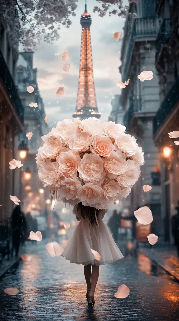 A girl in a white dress walks down a Parisian street in the rain, carrying a large bouquet of peach-colored flowers as an umbrella.  The Eiffel Tower is visible in the background, and pink petals fall from the trees, adding to the romantic and dreamy atmosphere.  The wet cobblestones reflect the city lights, creating a beautiful, ethereal scene.