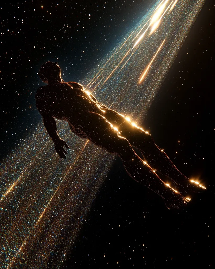 A stylized, sculpted human figure floats in the cosmos.  The body is dark, almost black, yet glows with golden highlights, appearing as if composed of stardust.  It lies supine within a beam of shimmering, glittering light, which streaks across the dark background speckled with distant stars. The overall impression is one of celestial transcendence or cosmic rebirth.