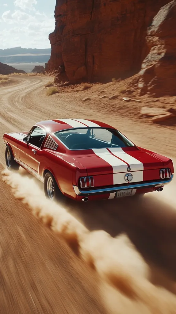 A classic red Ford Mustang with a white racing stripe speeds along a dusty desert road.  The car kicks up a cloud of sand as it navigates a winding path between towering red rock formations under a bright, sunny sky. The image evokes a sense of freedom and classic American muscle car power.