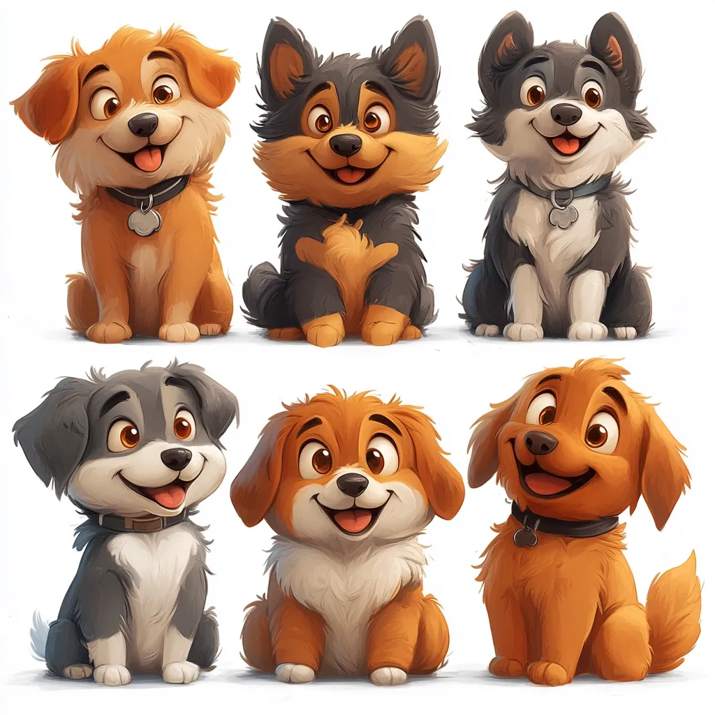 Six adorable cartoon puppies are depicted in a grid.  Three are on the top row: a ginger puppy, a dark-haired puppy, and a black and white puppy. The bottom row shows a grey and white puppy, a fluffy ginger puppy, and another ginger puppy. All puppies are sitting and smiling happily, each wearing a collar.  They are rendered in a soft, stylized manner with fluffy fur.