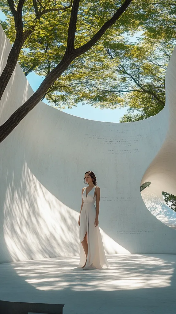 A woman in a flowing, light beige gown stands in a modern, minimalist architectural space.  The structure is white, curved, and partially open to the sky, showcasing dappled sunlight filtering through lush green trees overhead.  The scene is serene and evokes a sense of calm and elegance. The woman's pose is simple and graceful, complementing the clean lines of the architecture.