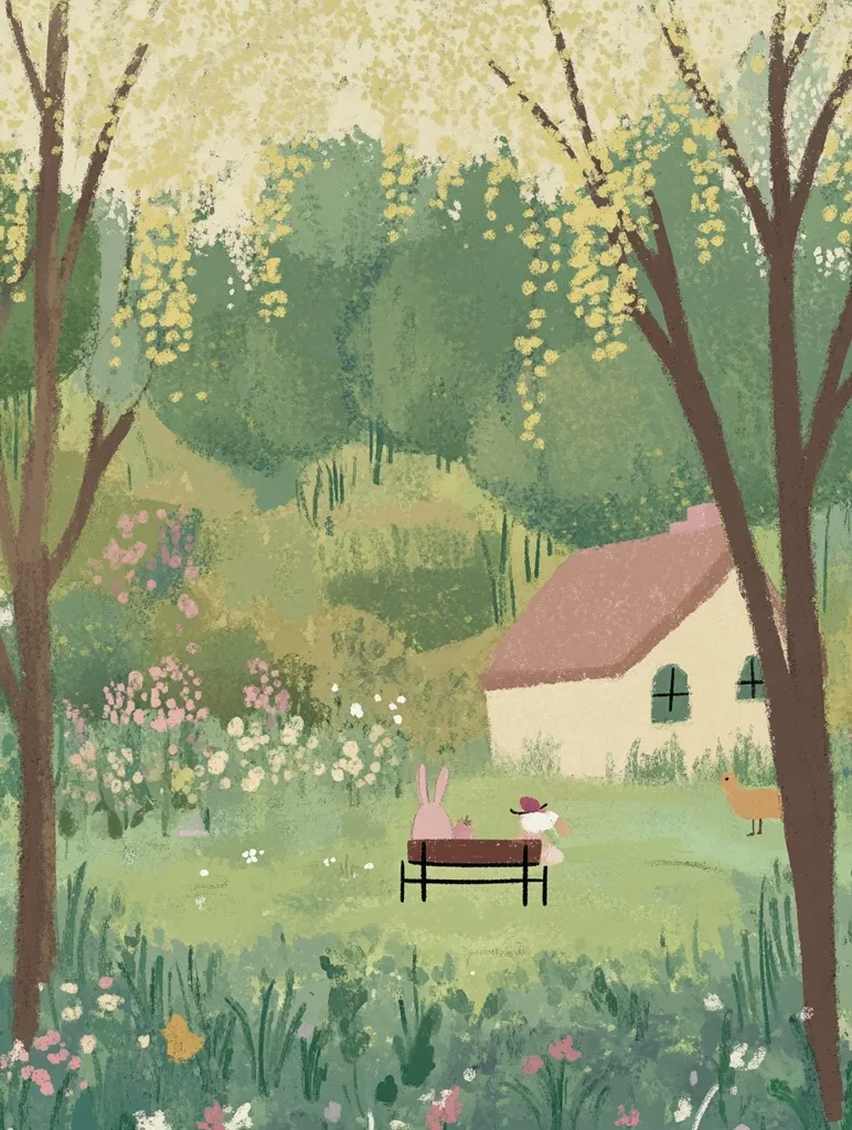 A charming illustration depicts a tranquil spring scene. A small, cream-colored house nestles amongst lush greenery and blooming flowers. A pink rabbit and a bird sit on a park bench in the garden. The style is soft and whimsical, with muted pastel tones and a textured brushstroke effect.  The overall feeling is one of peace and gentle beauty.