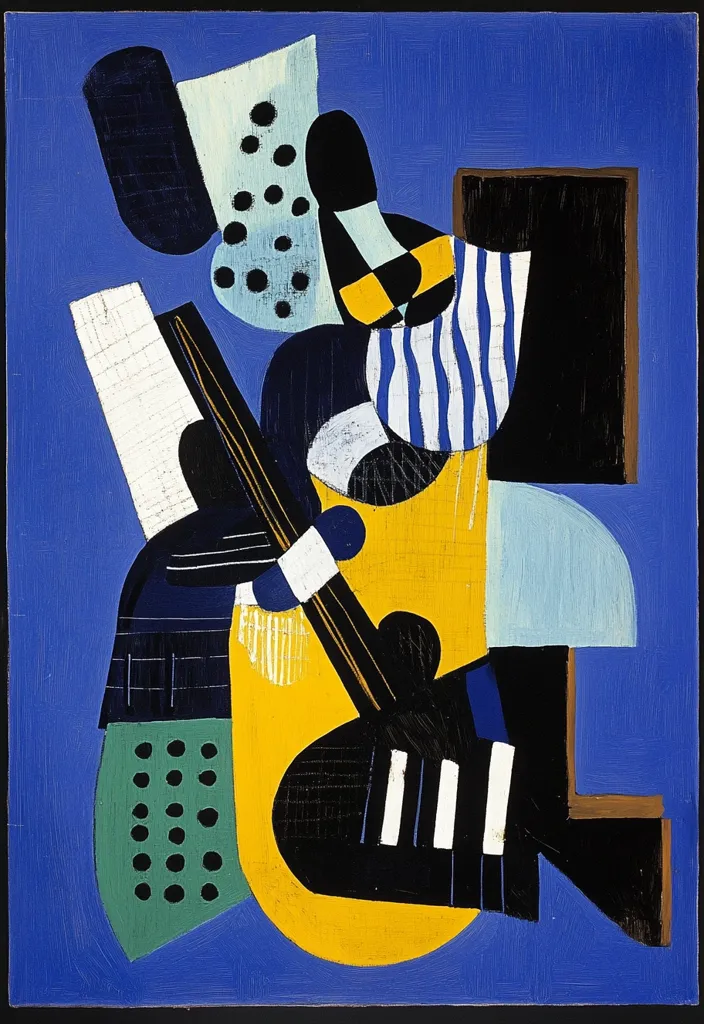 A vibrant abstract painting dominated by bold geometric shapes and a strong color palette.  Blues, yellows, greens, and blacks are used to create a sense of depth and movement.  The central element resembles a musical instrument, perhaps a guitar, fragmented and reassembled in a Cubist style.  The overall effect is energetic and playful, characteristic of modern art.