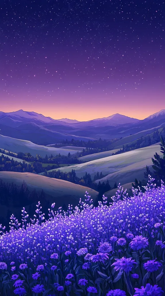 A breathtaking landscape unfolds under a starlit twilight sky.  Rolling purple hills stretch to the horizon, dotted with dark green forests.  In the foreground, a vibrant field of purple wildflowers blooms, creating a serene and magical atmosphere. The scene is rendered in a painterly style, emphasizing the dreamy quality of the moment.