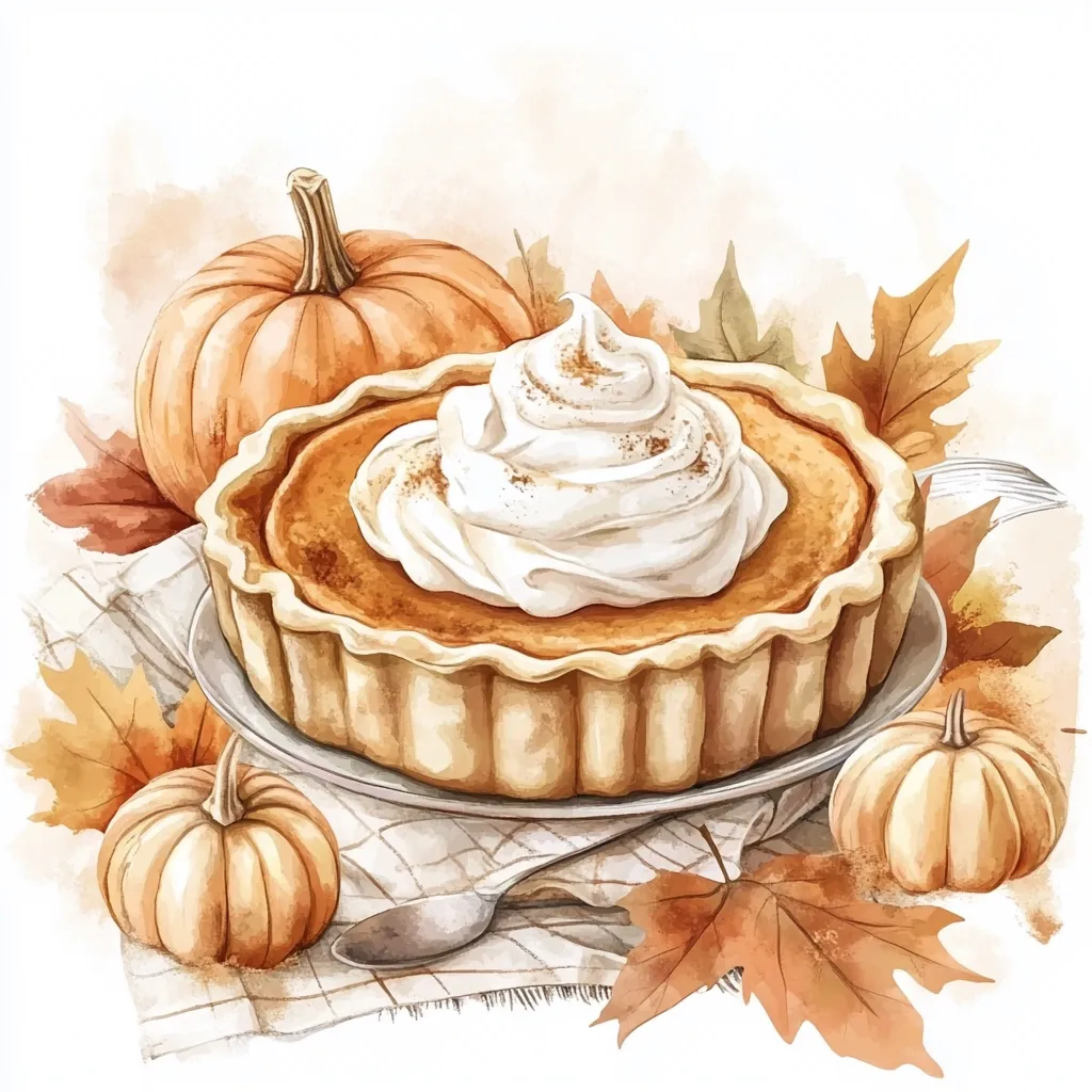 A watercolor painting depicts a delicious pumpkin pie, adorned with a generous swirl of whipped cream and a sprinkle of cinnamon.  Surrounding the pie are miniature pumpkins and autumn leaves, resting on a checkered tablecloth.  A spoon lies nearby, completing the cozy autumnal scene. The overall style is warm and inviting, perfect for Thanksgiving or fall celebrations.