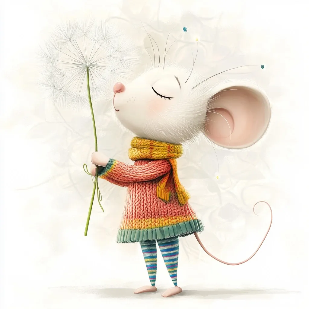 A charming illustration features a cute mouse, dressed in a peach knitted sweater and striped leggings, holding a fluffy dandelion. The mouse's eyes are closed serenely, suggesting a peaceful moment. The overall style is soft and whimsical, with a delicate color palette and gentle background. The image evokes feelings of warmth, innocence, and the beauty of nature.