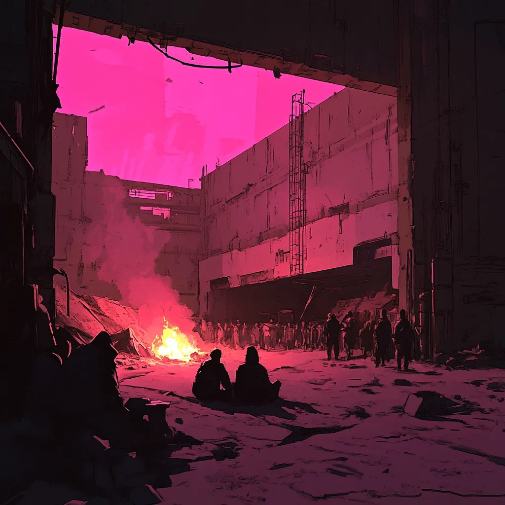 A vibrant pink sky illuminates a desolate, ruined cityscape.  A large bonfire crackles in the center of a rubble-strewn courtyard, surrounded by a crowd of silhouetted figures. Two individuals sit apart, observing the scene. The overall atmosphere is one of post-apocalyptic survival, with a stark contrast between the harsh environment and the warm glow of the fire.  The image is stylized, with painterly brushstrokes and a limited color palette.