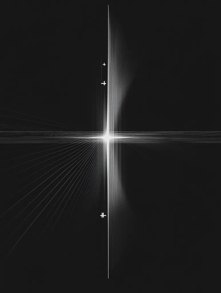 A monochromatic abstract image features a central vertical line of light, radiating outwards with thinner lines extending horizontally, creating a cross-like structure.  The lines converge at a bright point in the center, against a stark black background.  Small plus symbols are subtly placed along the central vertical axis.  The overall effect is one of symmetry and radiant energy.