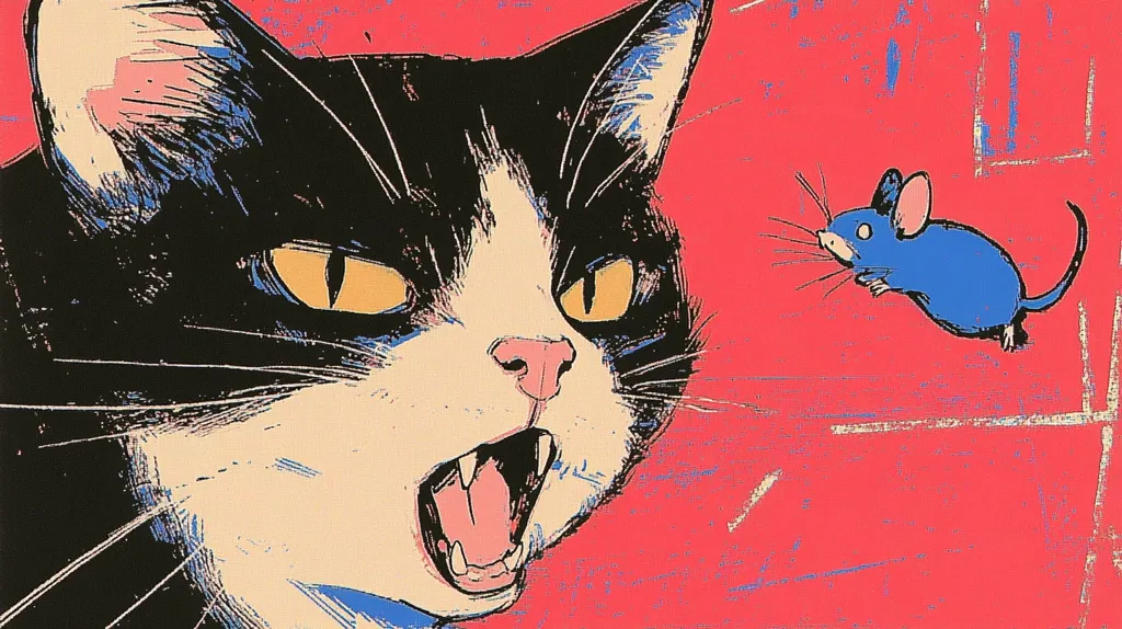 A stylized illustration depicts a tuxedo cat with intense yellow eyes and an open mouth, appearing to hiss or growl.  The cat's features are bold and graphic, rendered in black, white, and peach against a vibrant pink background.  A small, bright blue mouse is shown in the background, seemingly fleeing the cat. The overall style is reminiscent of pop art or printmaking.